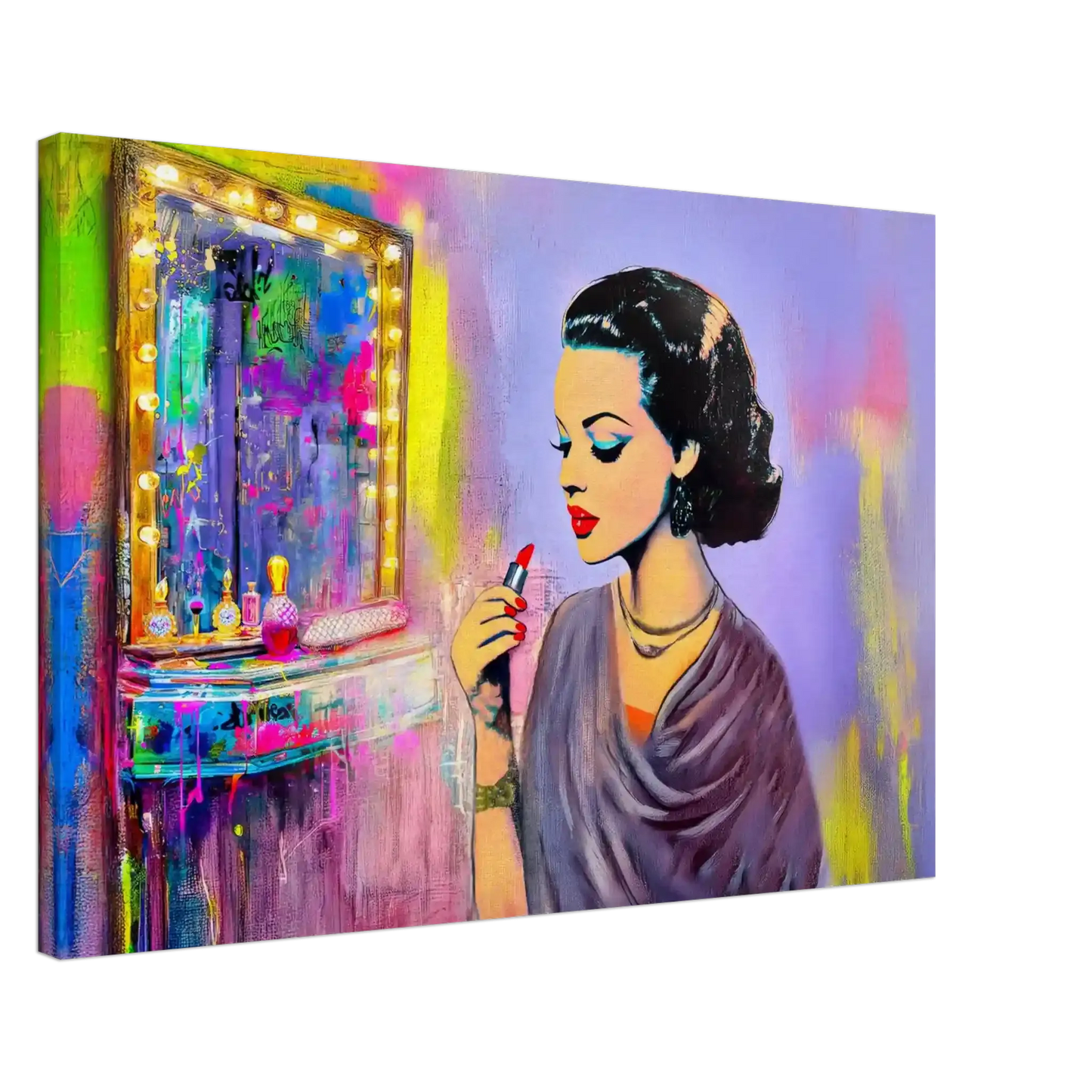 thick canvas print of a dark haired woman applying lipstick in front of a vanity mirror, with vintage makeup tools and colorful bold color. Hollywood Vintage Starlet-Graphique Addictions.