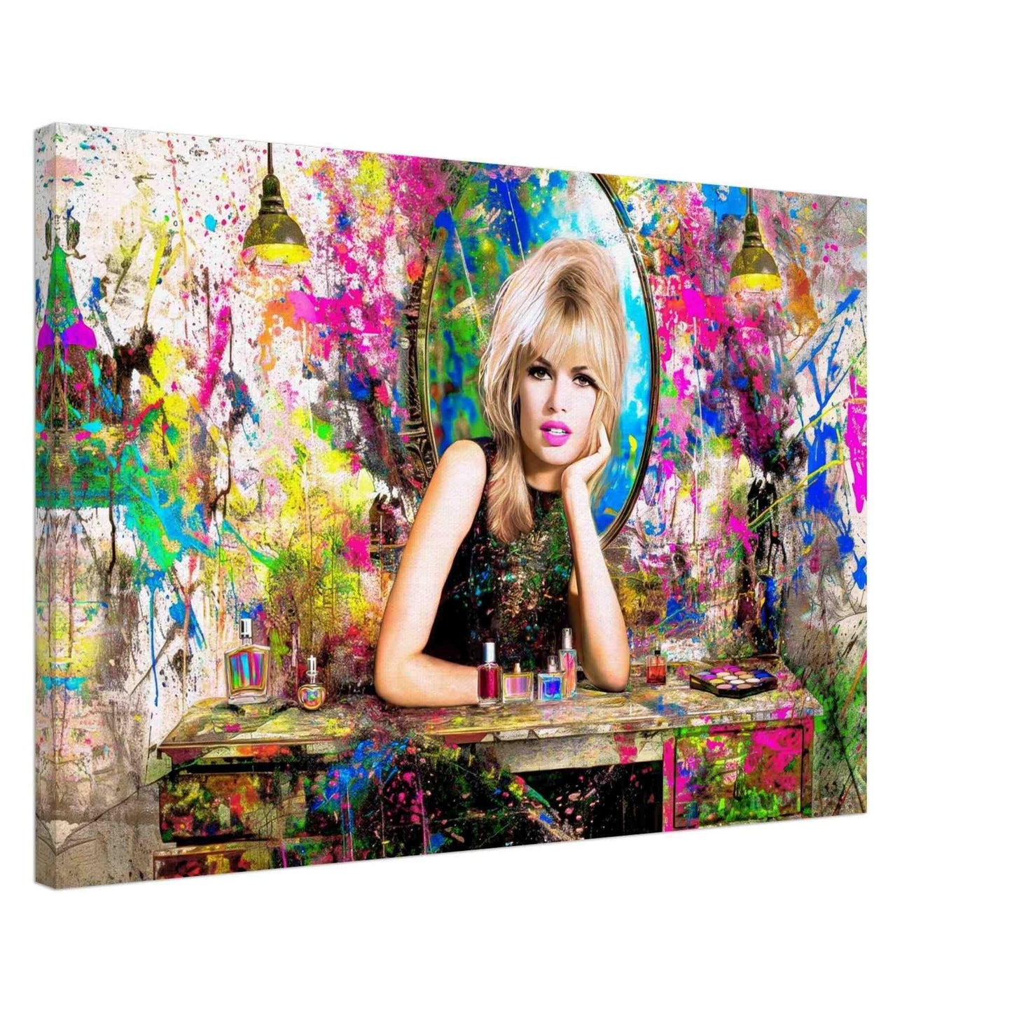 thick canvas print of Brigitte Bardot sitting her at a vanity table, surrounded by makeup and hair products, graffiti background with colorful abstract paint splashes, art studio mockup. Brigitte Bardot Vanity Graffiti-Graphique Addictions.