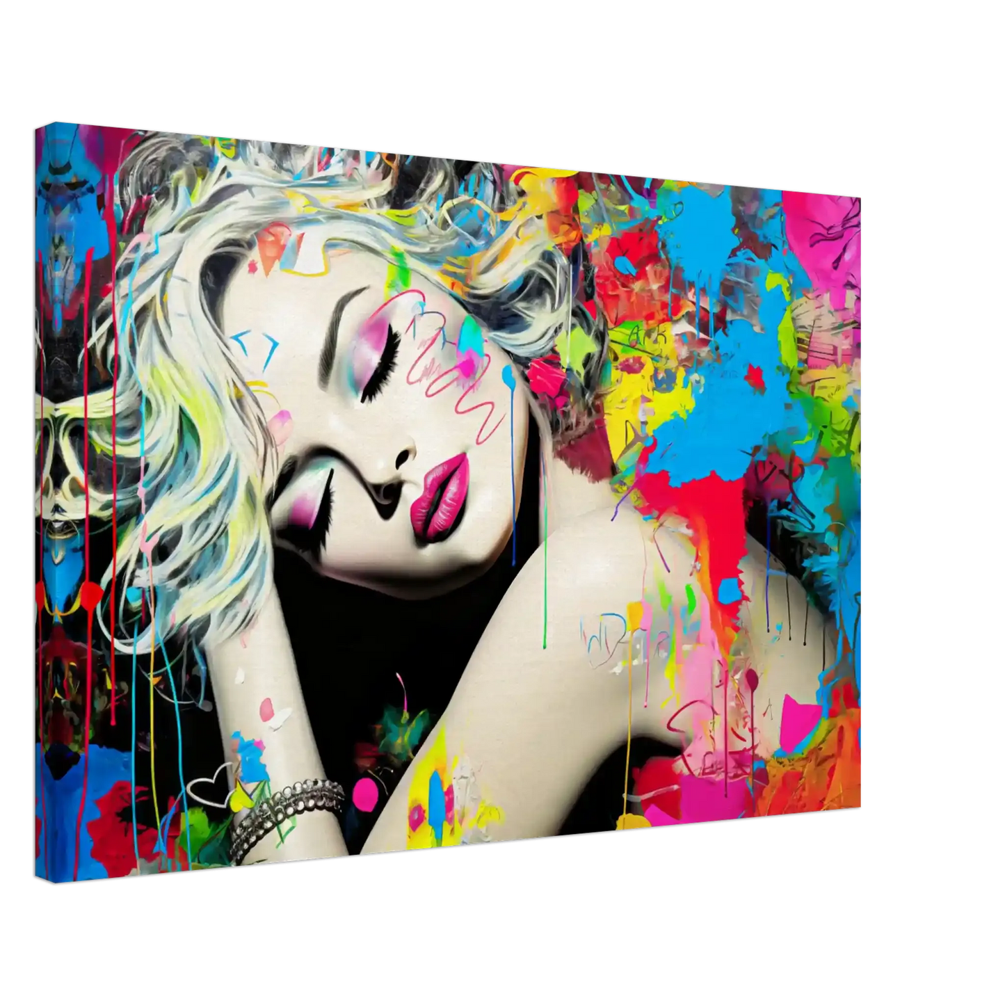Blonde woman with colorful makeup, tattoos, and graffiti against a backdrop of colorful splashes. Thick Canvas printed artwork titled: Colorful Captivation-Graphique Addictions.