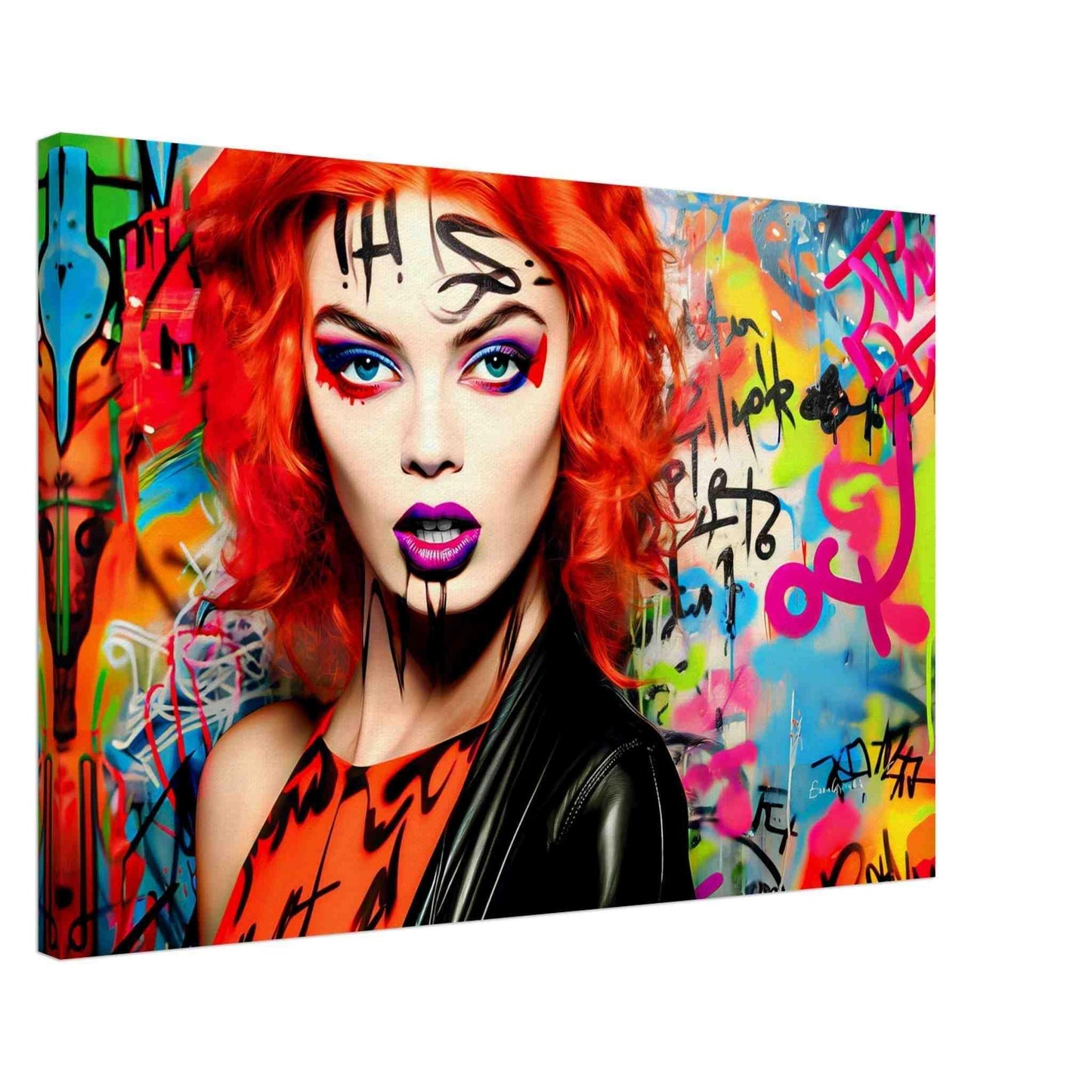 Thick canvas print of Audrey Hepburn holding a red umbrella, white backdrop of yellow, blue, and red street-art. Graffiti Rainstorm-Graphique Addictions.