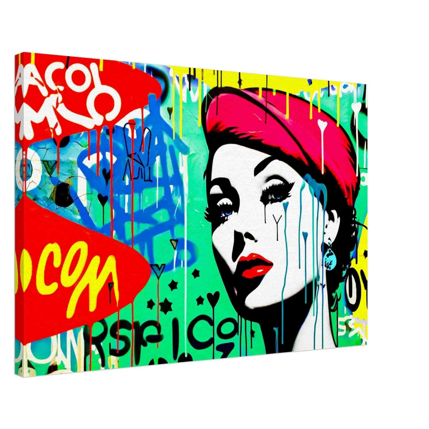 Thick canvas art print of a woman with a red beret and glamorous red lips, set against a vibrant green background with colorful graffiti. Inspectra Comic Canopy-Graphique Addictions.