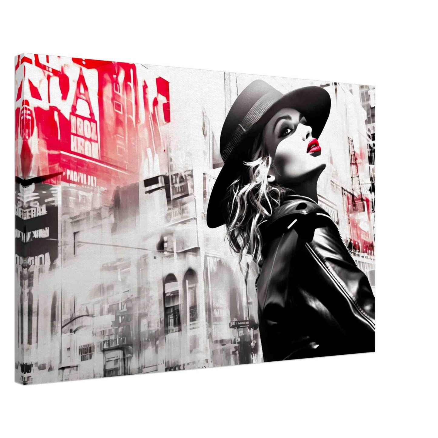 Thick canvas print of Madonna wearing a black hat, red lipstick, and a leather jacket against a backdrop of New York City buildings. Madonna in Noir-Graphique Addictions.