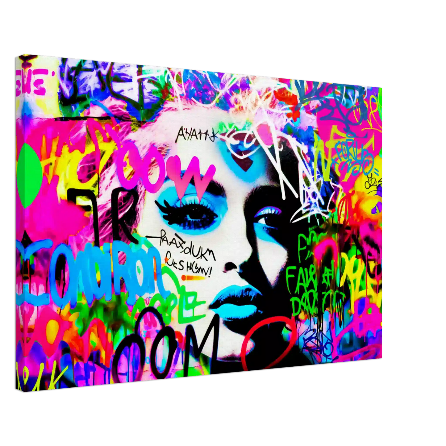 Thick canvas print of Madonna's face covered in colorful graffiti. Madonna's Graffiti Groove-Graphique Addictions.