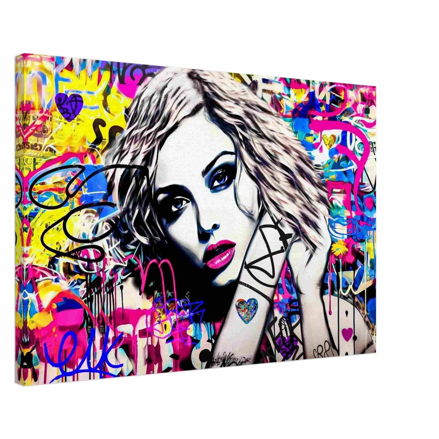 Thick canvas print of a close-up of Madonna's face surrounded by colorful graffiti. Madonna's Street Art Sensation-Graphique Addictions.