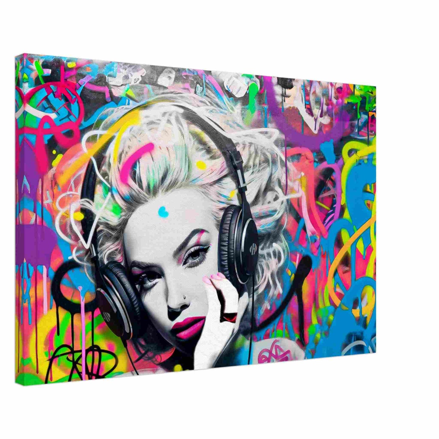 Thick canvas print of Madonna wearing headphones against a backdrop of neon-colored graffiti swirls. Madonna's Street Beats-Graphique Addictions.