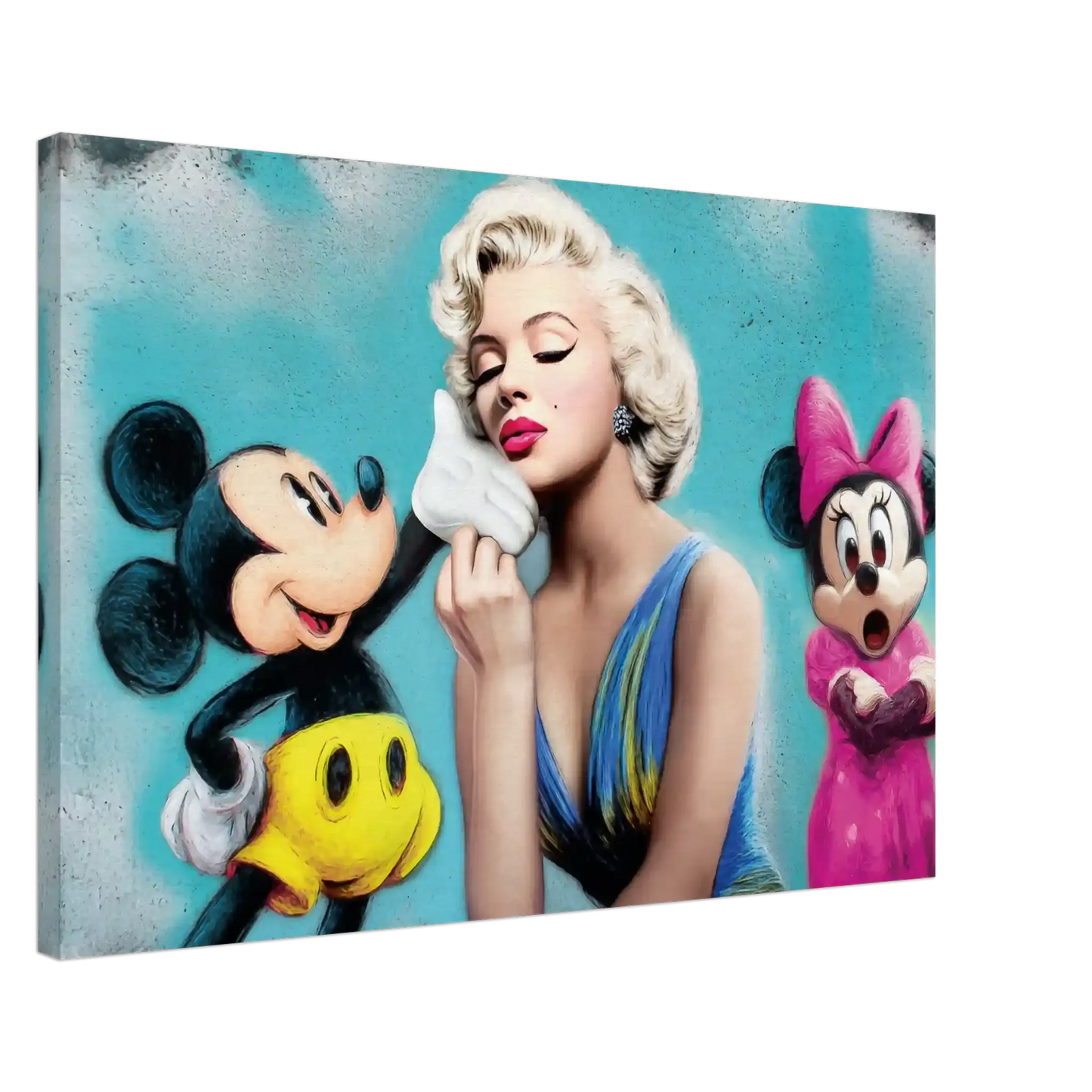 thick canvas print of marilyn monroe kissing micky mouse's hand and minnie mouse in the background with her mouth open in shock against a blue background.