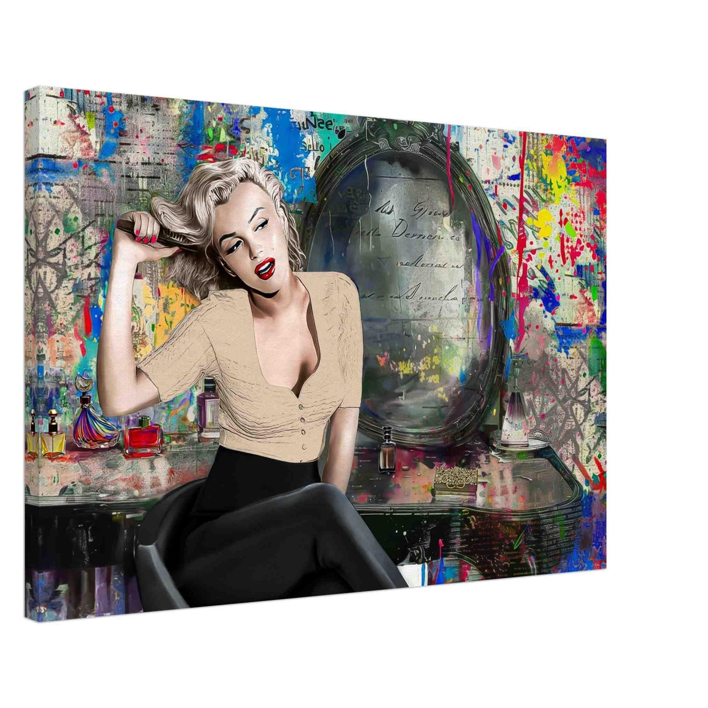 Thick Canvas print of Marilyn Monroe sitting at her vanity, in front of an old vintage mirror surrounded by graffiti, beauty products, and vibrant paint splashes. Marilyn at the Vanity-Graphique Addictions.