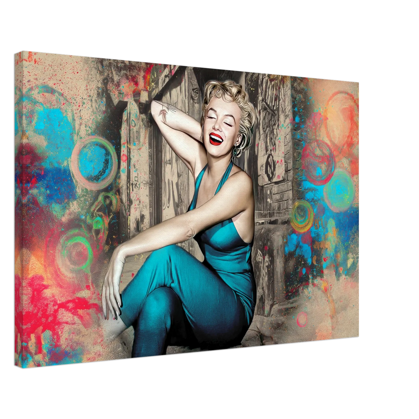 Marilyn Monroe in a teal bodysuit, smiling against an old wooden door in New York City with a colorful swirl and bubble background-thick-24x36-inches-canvas-print-marilyn-on-the-doorstep-canvas-print-mockup, Graphique Addictions