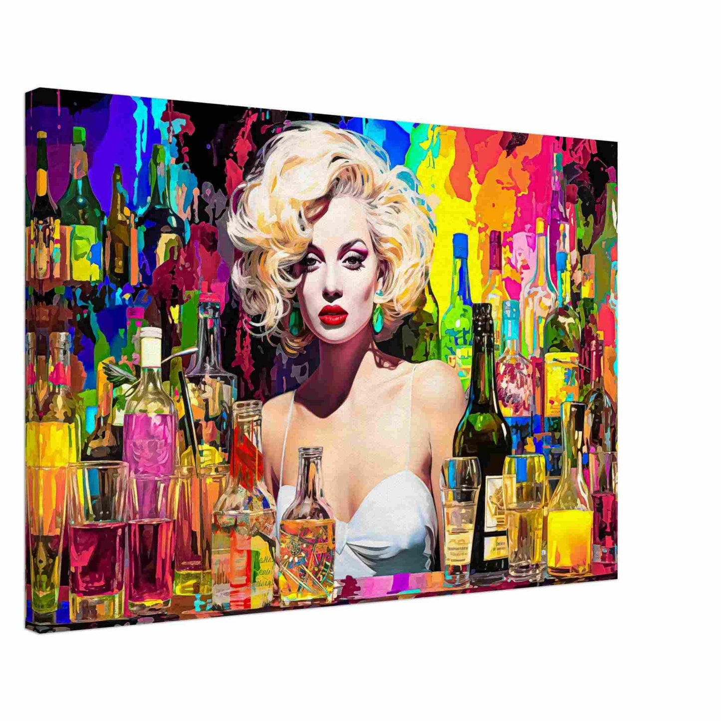 Thick canvas print of Marilyn Monroe behind the bar in a white dress, surrounded by colorful alcohol bottles and glasses. Marilyn's Intoxication of Imagination-Graphique Addictions.