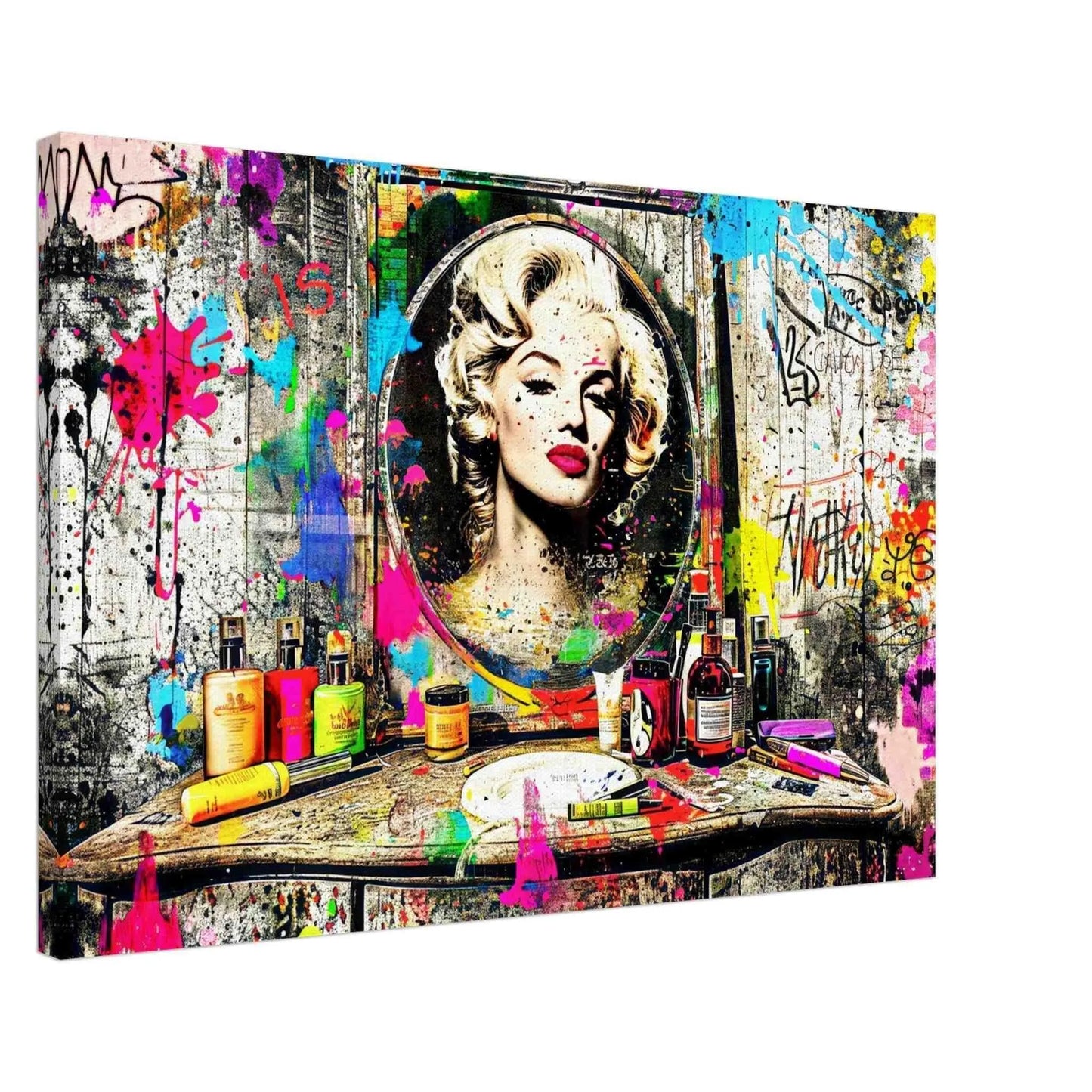 Thick canvas print of Marilyn Monroe's reflection in a mirror, against an old wooden vanity table covered with makeup, perfume bottles, and colorful graffiti and paint. Marilyn's Painted Mirror-Graphique Addictions.