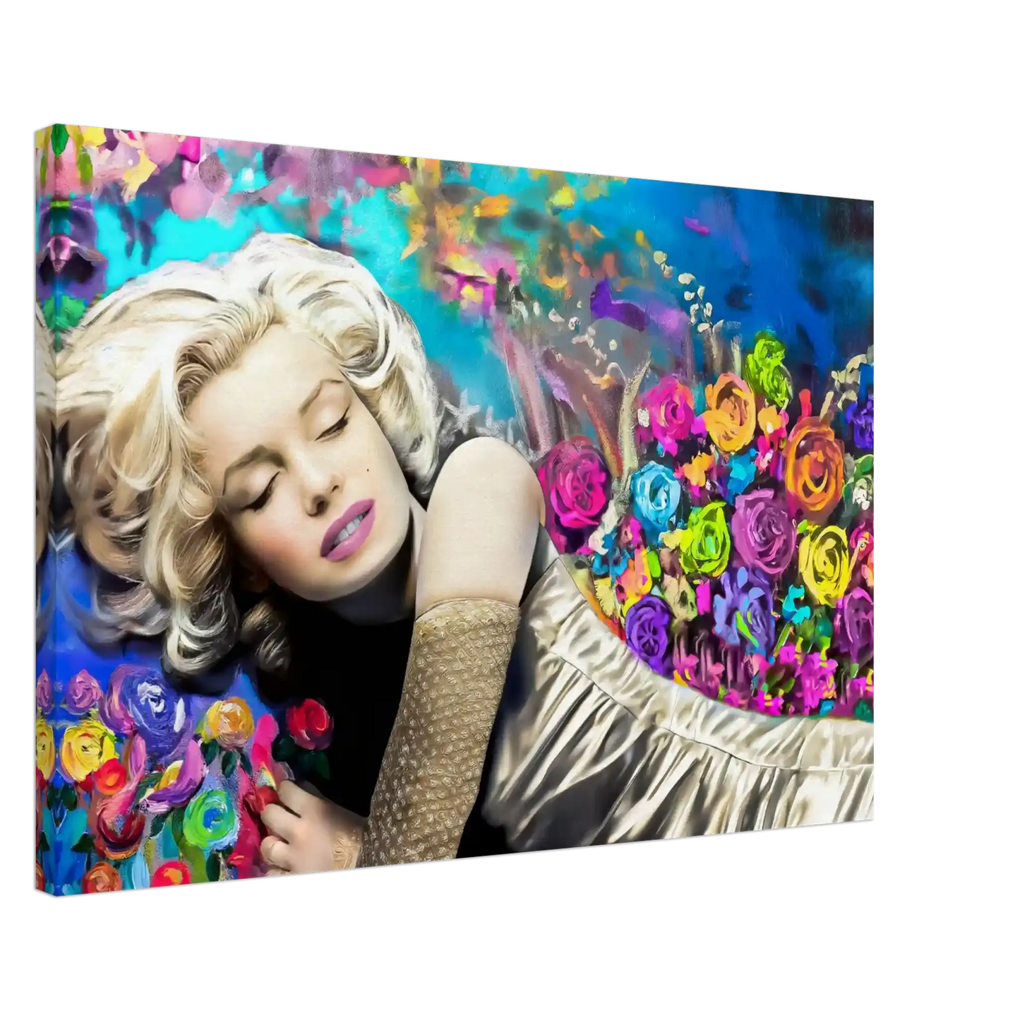 thick canvas wall art portrait of marilyn monroe sleeping in bed, with colorful flowers surrounding her. Graphique Addictions.