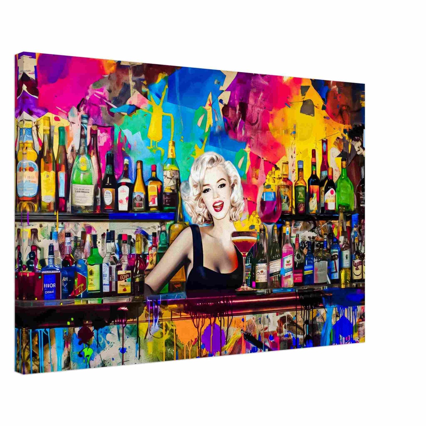 Thick canvas print of Marilyn Monroe as a bartender, in a colorful bar surrounded by vibrant abstract patterns and shelves stocked with colorful liquor bottles. Monroe Mixology-Graphique Addictions.