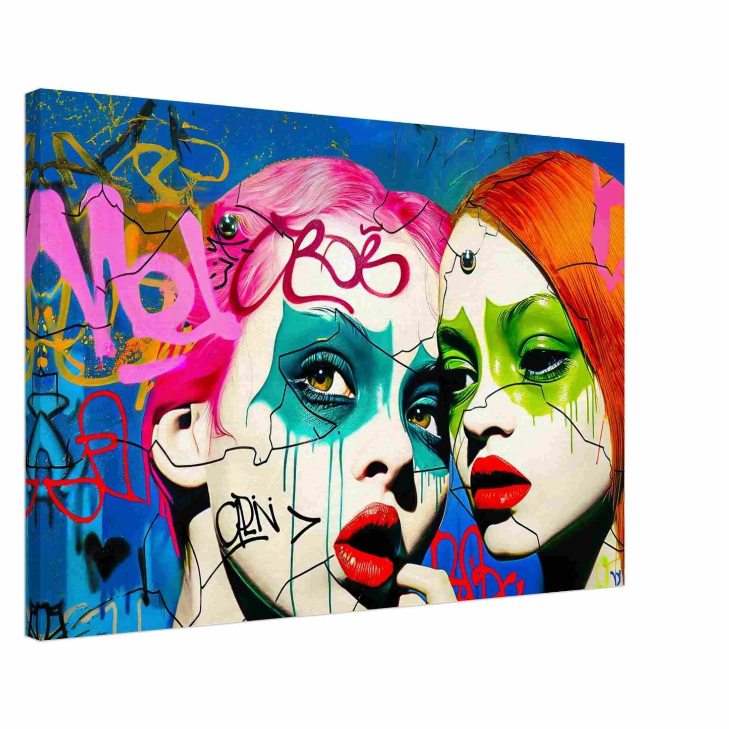2 teenage girls with pink and orange-red hair, green eyes, and bold red lips against a backdrop of colorful street art. Thick Canvas, Phantoms puzzle of decay-Graphique Addictions