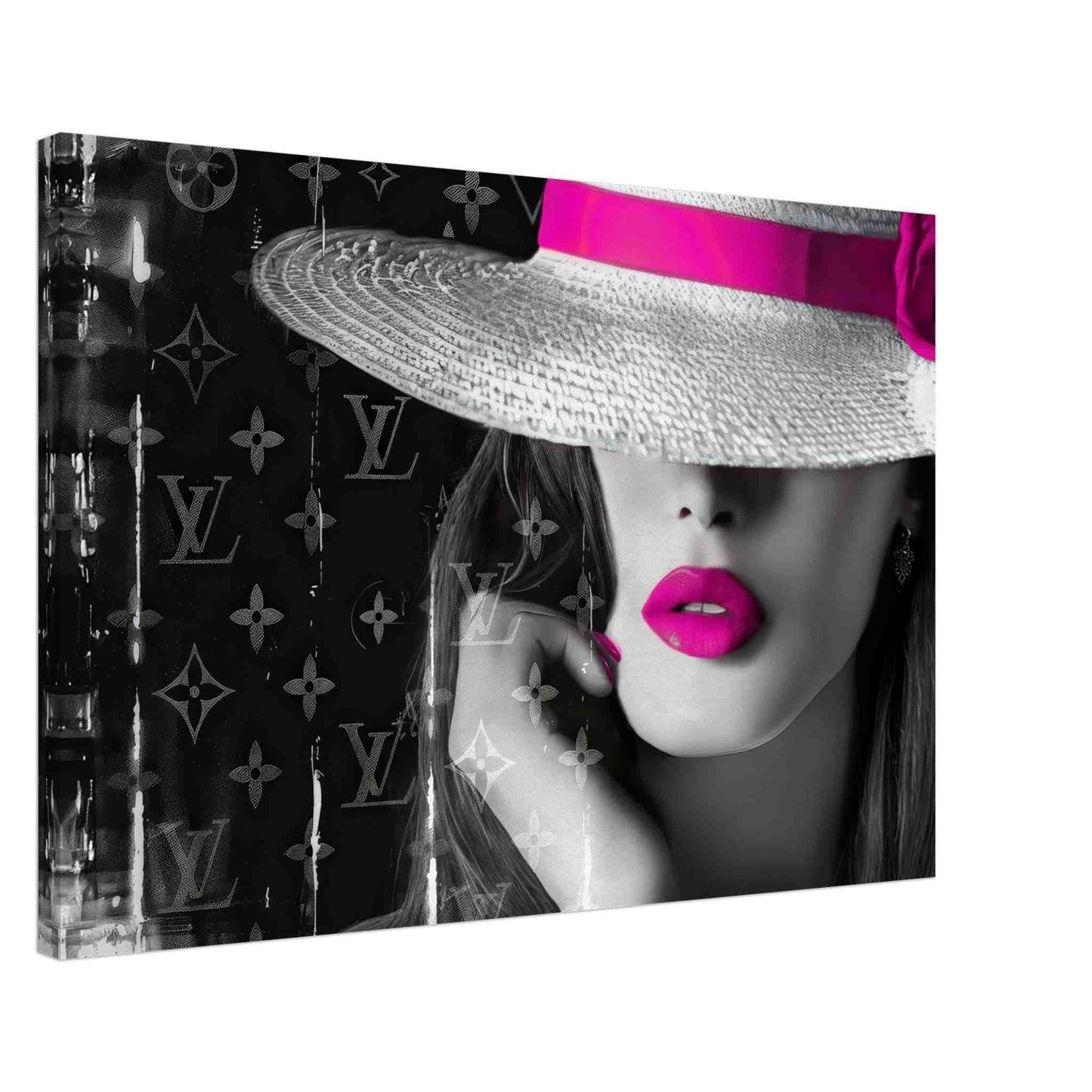 Thick canvas print of a close-up of a woman wearing a white hat with pink bow against Louis Vuitton inspired monogram background. Pink Lipped Chic in Monogram-Graphique Addictions.