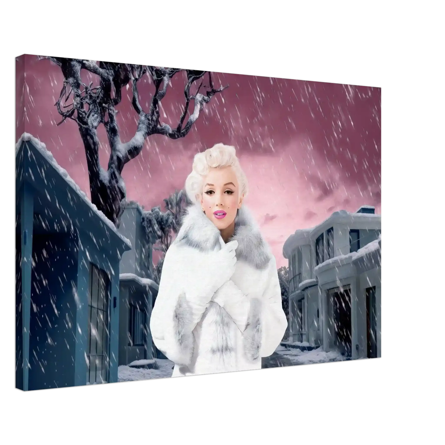 thick canvas of marilyn monroe wearing a white fur coat and gloves, standing under a snowy sky with a pink hue, surrounded by gray houses.