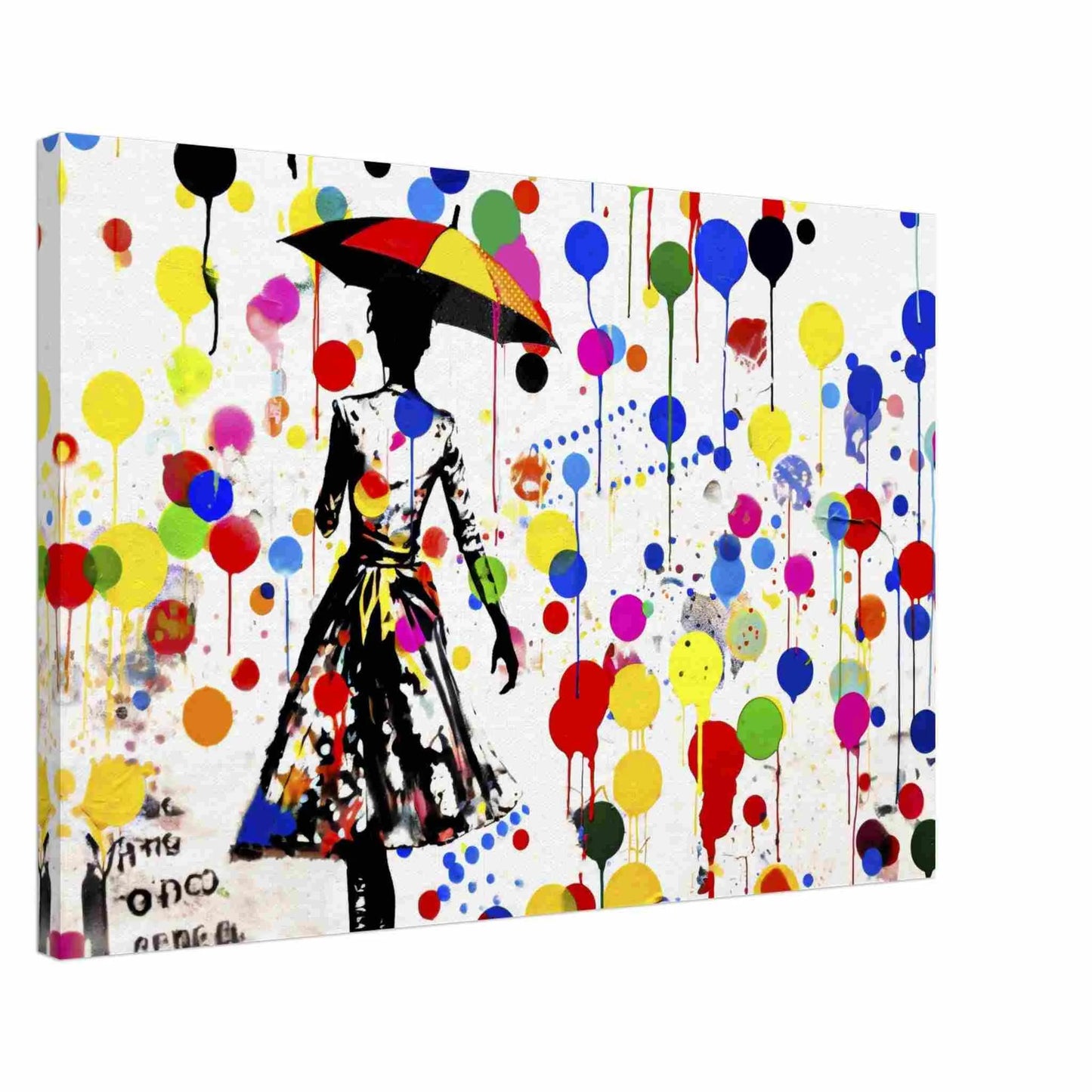 Elegant woman with umbrella amid colorful paint splashes, dots, and balloons on a white background. Canvas Print-Thick-Polka Splash Soiree - Canvas Print-Graphique Addictions