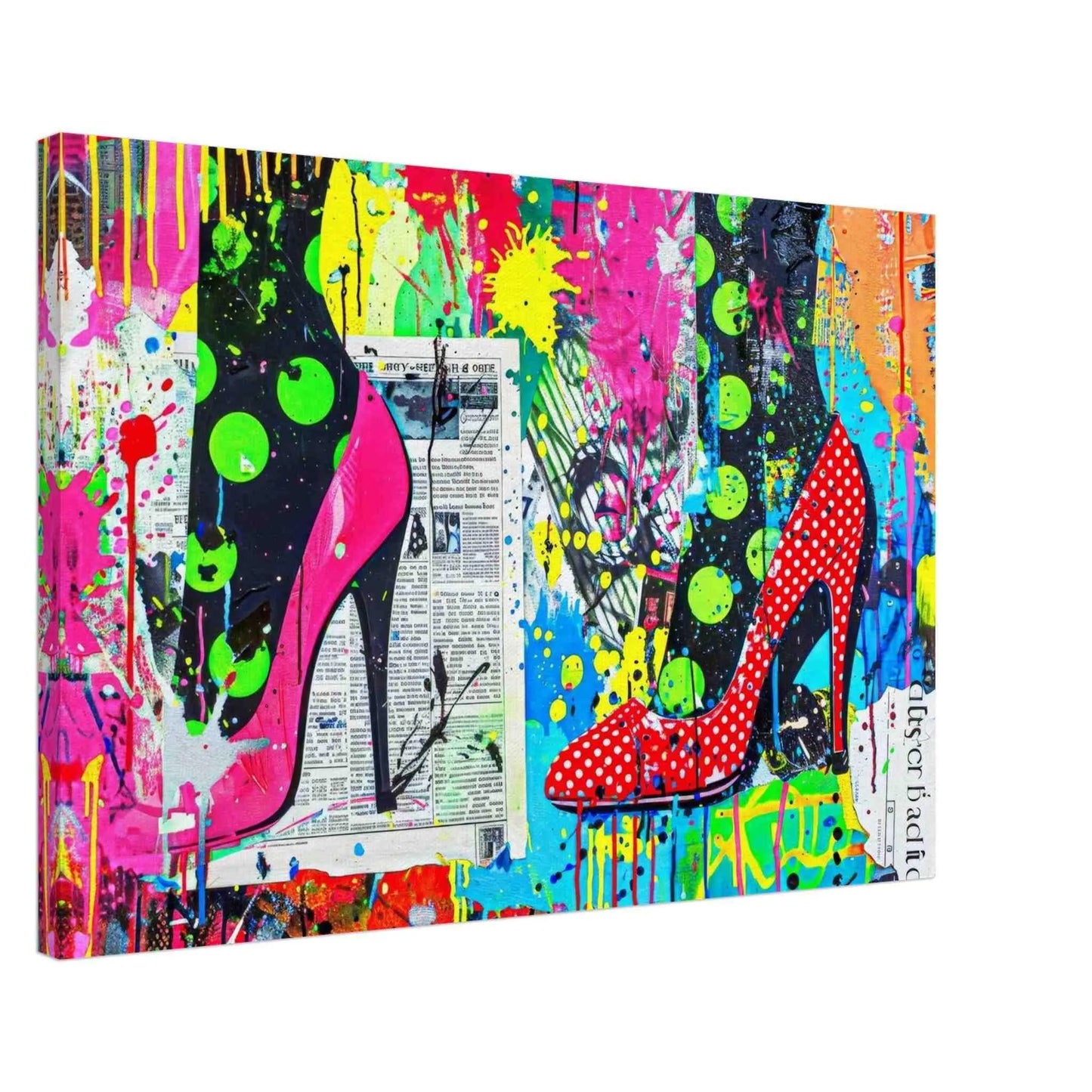 Graffiti collage featuring black leggings with green polka dots, red and pink high heels with polka dot accents, neon paint splashes, and layered newspaper textures, thick canvas print. Pop Art Pumps-Graphique Addictions.