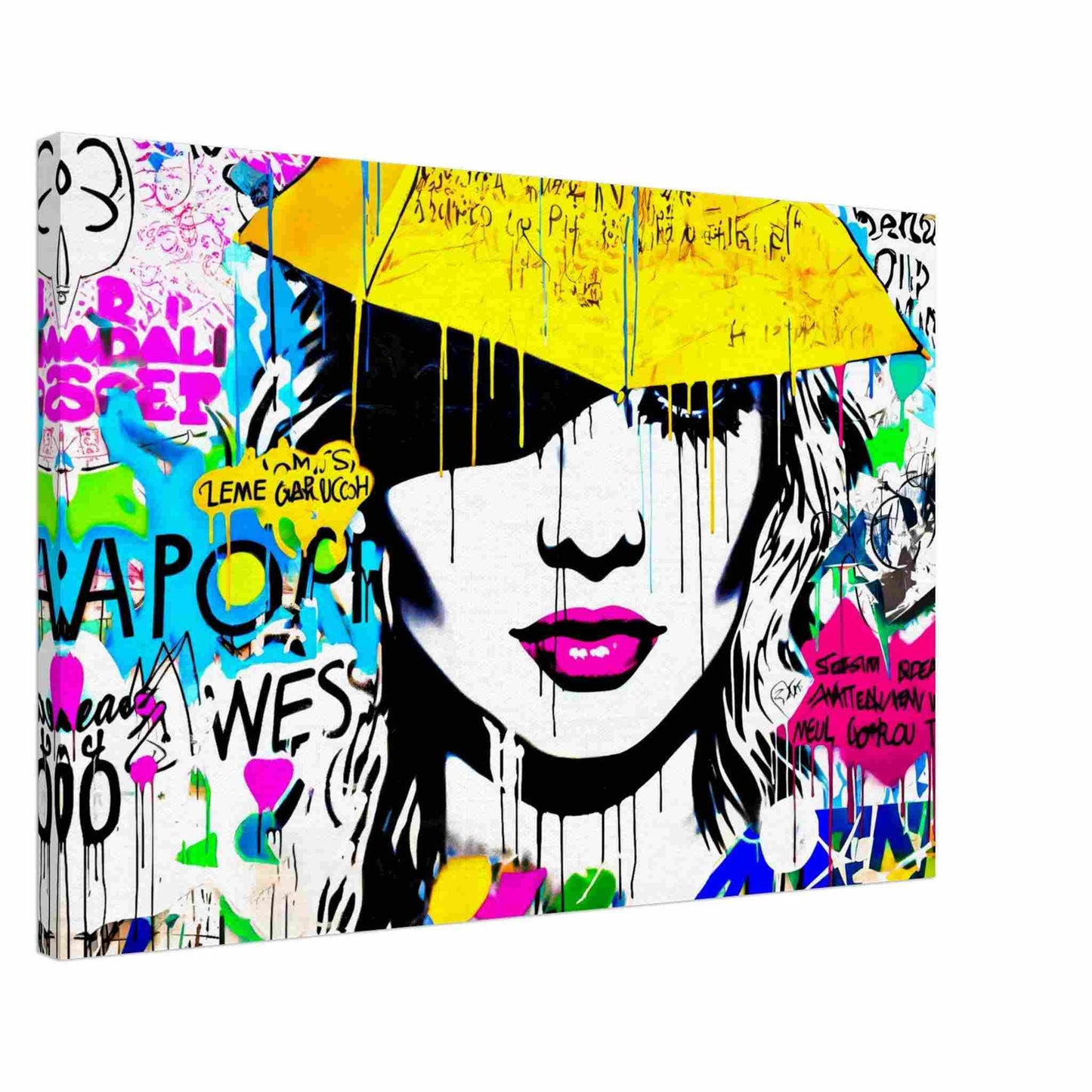 Thick canvas print close-up of womans face with pink lips, a yellow umbrella is above her, white background with colorful dripping paint. Radiant Umbrella Comic Burst-Graphique Addictions.