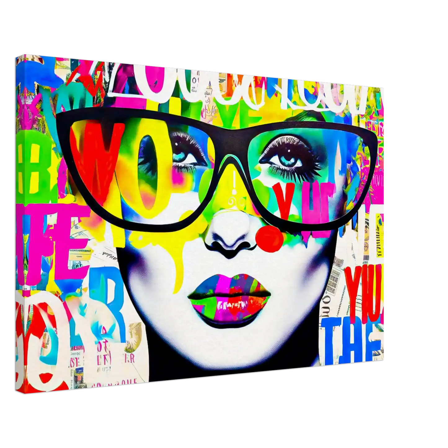 Thick canvas print portrait of a woman wearing black glasses, set against a white background with colorful graffiti-style letters. Shades of Typography-Graphique Addictions.