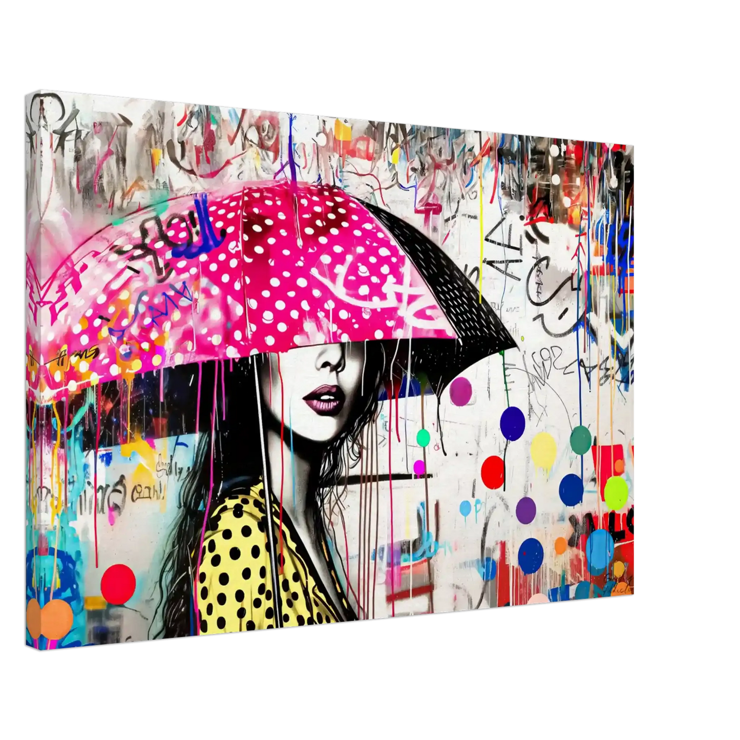 Thick canvas print of woman holding a pink umbrella with white polka dots and colorful paint splashes. Street Art Storm-Graphique Addictions.