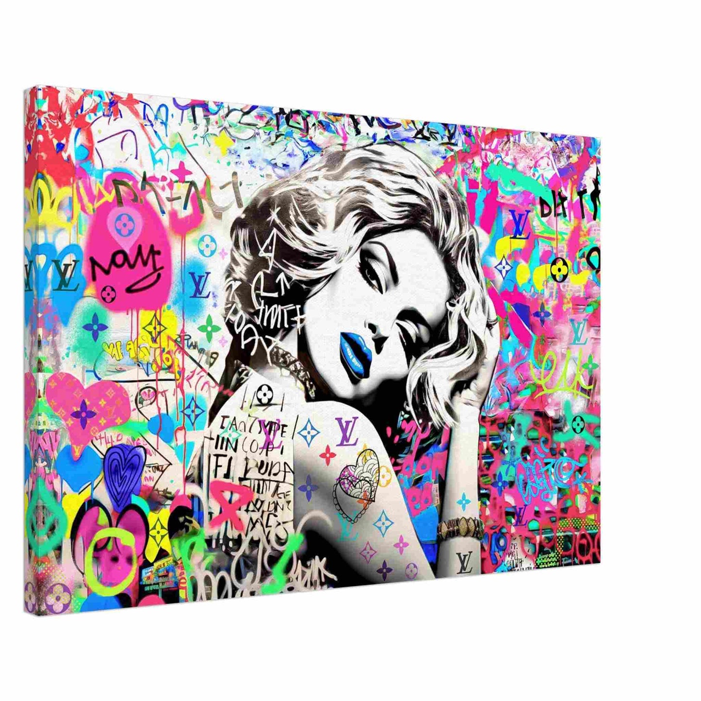 Thick canvas print of Madonna wearing blue lipstick surrounded by colorful graffiti and LV monogram tattoo on her arm. Vuitton Tattoo Vixen-Graphique Addictions