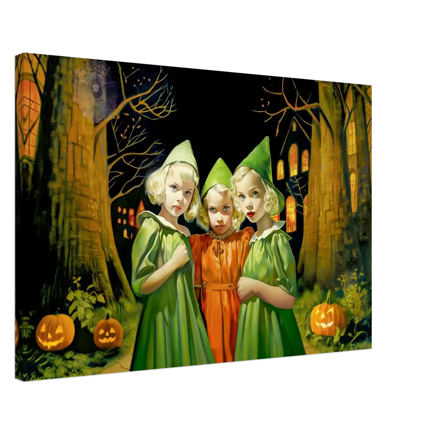 thick canvas print of three children in green and orange witch costumes. Emerald and Saffron Witches-Graphqiue Addictions.