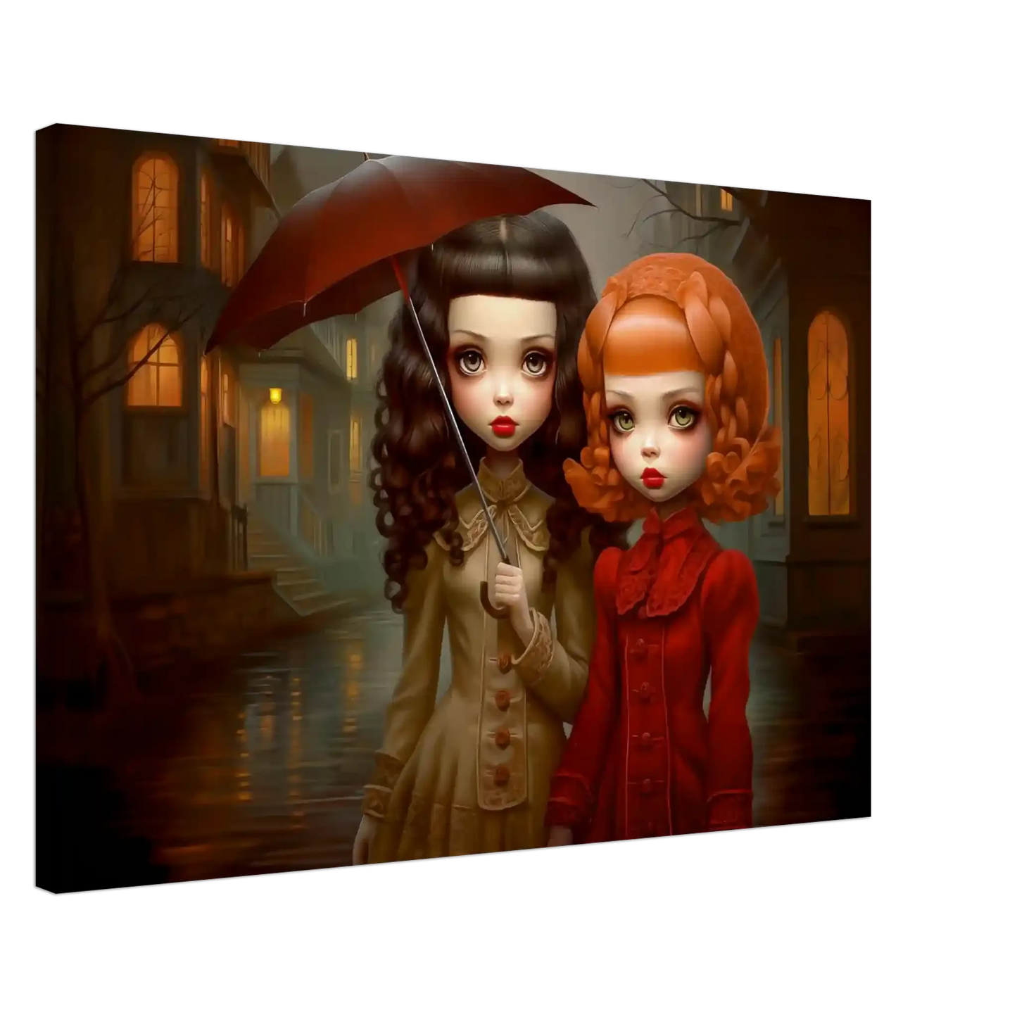 thick canvas art print of Victorian-inspired dolls standing under the rain on a quiet, moonlit street holding an umbrella. Gothic Rain Dolls-Graphique Addictions.