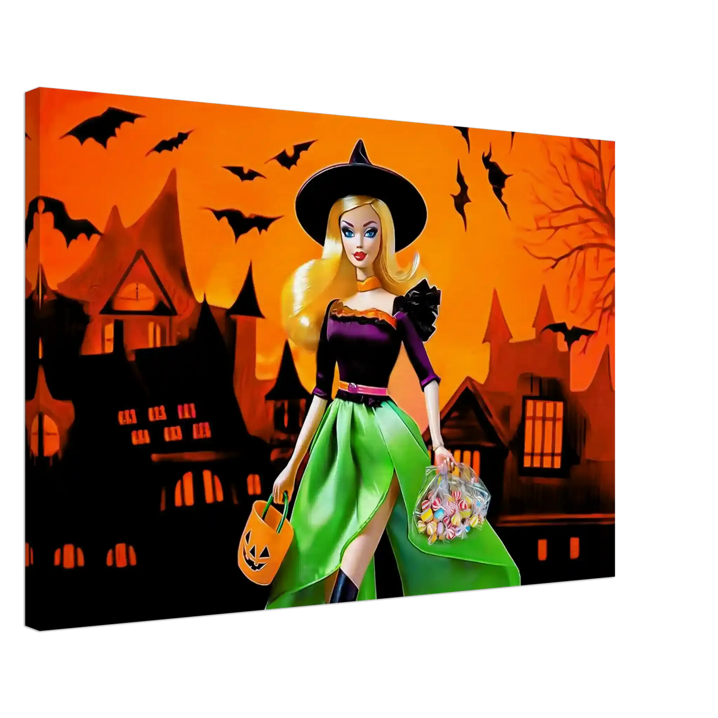 thick canvas print of a Halloween-themed barbie dressed as a witch. Haunted Barbie Witch-Graphique Addictions.