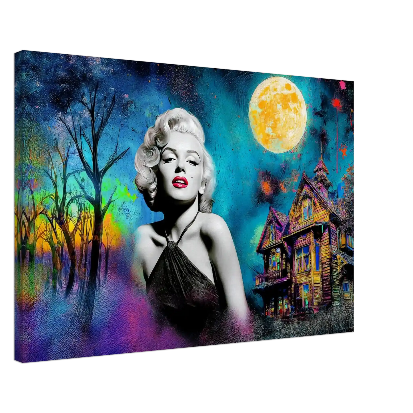 colorful painting of Marilyn Monroe wearing a black dress with a haunted house and moon behind her. Moonlit Marilyn - Canvas Print-Graphique Addictions.