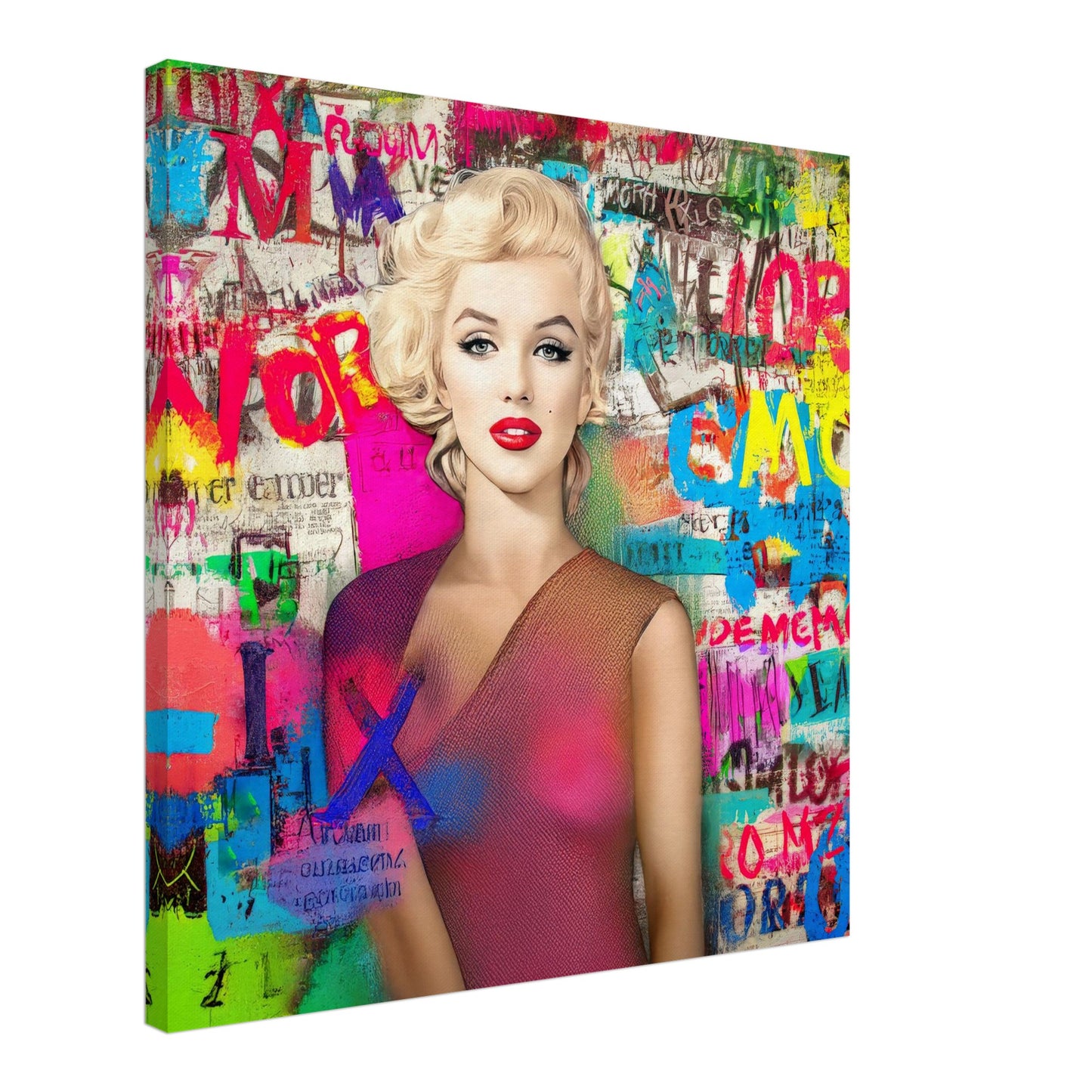 24x24 thin canvas print of colorful artwork of marilyn monroe wearing a pink dress with graffiti-style letters. Marilyns Letter Chaos-Graphique Addictions.
