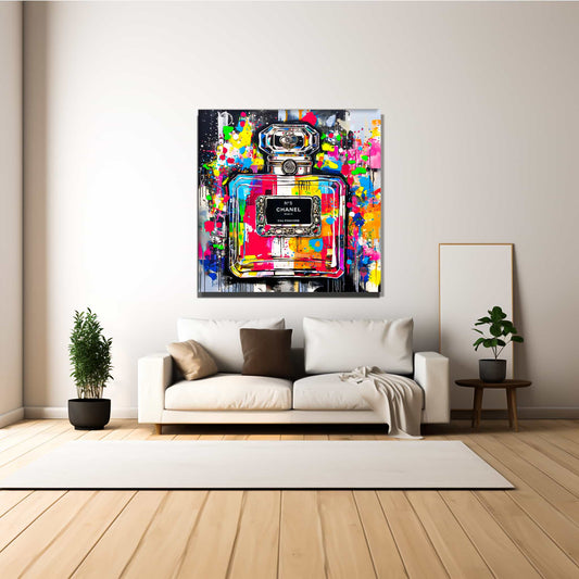 Living room wall decor Chanel No5 perfume bottle with colorful graffiti splashes on a gray gradient background. Urban Eau de Chanel -Graphique Addictions