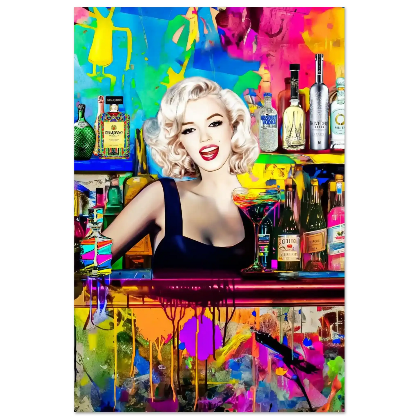 Vertical art print of Marilyn Monroe as a bartender, in a colorful bar surrounded by vibrant abstract patterns and shelves stocked with colorful liquor bottles. Monroe Mixology-Graphique Addictions.