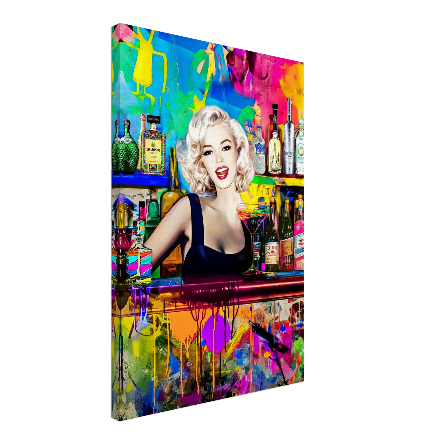 Thick vertical canvas print of Marilyn Monroe as a bartender, in a colorful bar surrounded by vibrant abstract patterns and shelves stocked with colorful liquor bottles. Monroe Mixology-Graphique Addictions.