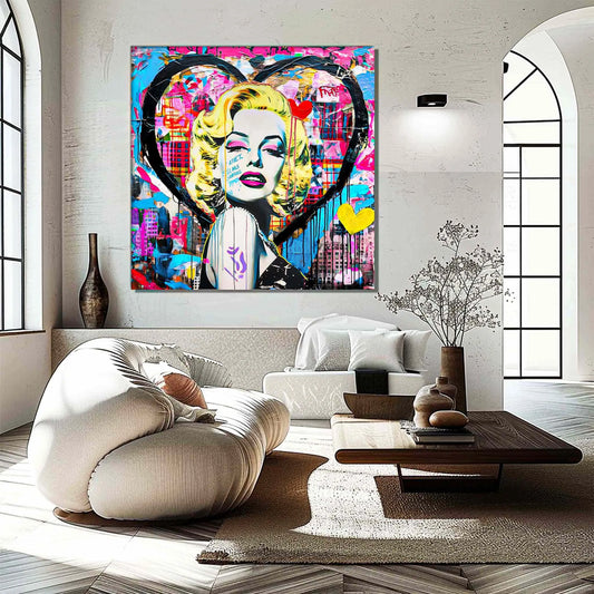 Living room wall decor Marilyn Monroe portrait set against a heart-shaped cityscape background, with vibrant graffiti and bold colors and patterns. Vibrant Heart Portrait-Graphique Addictions