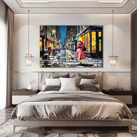 Bedroom wall decor of Woman in pink rose dress with umbrella walks snowy Paris street, lit by yellow lights, in vibrant oil painting style. Vintage Snowflakes-Graphique Addictions