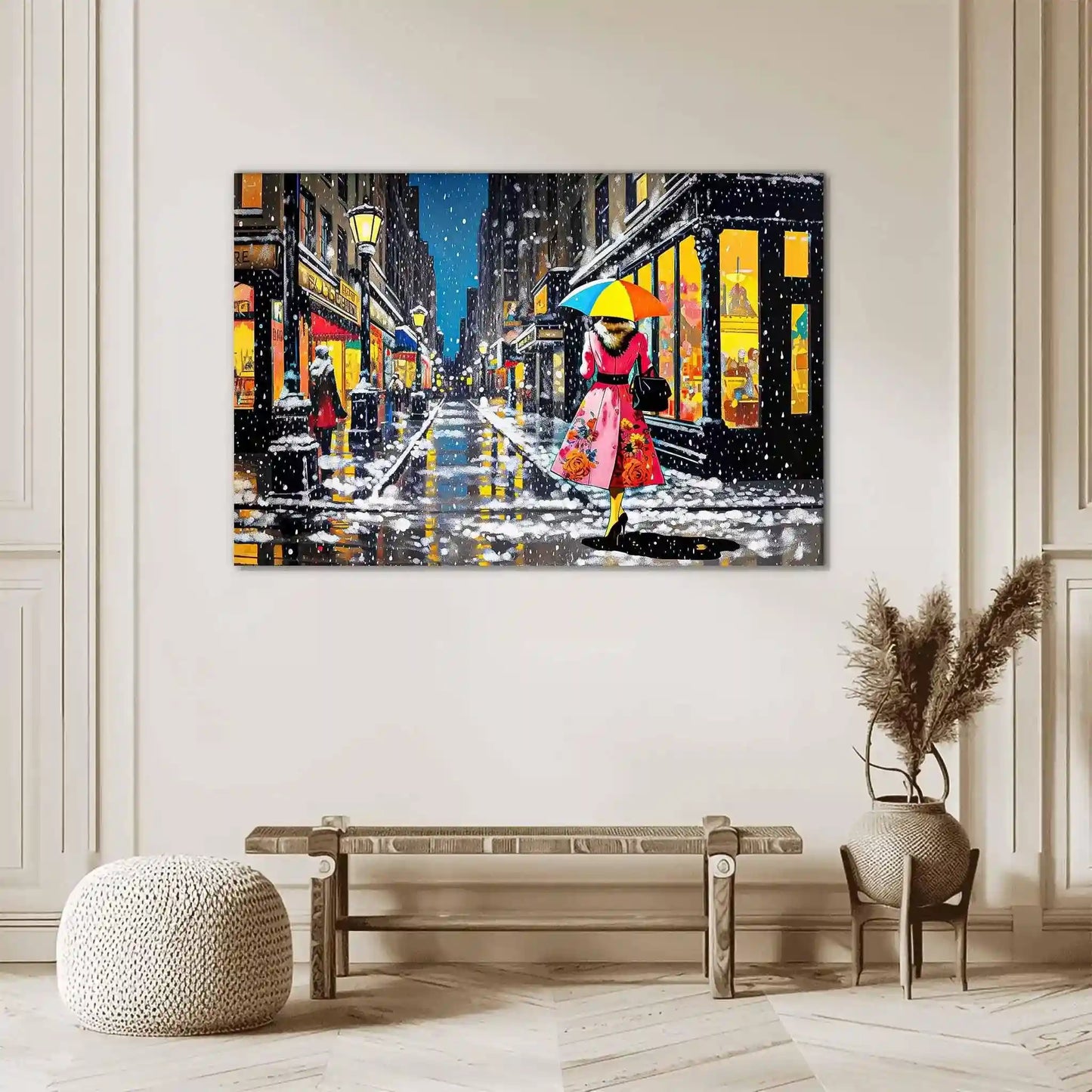 Hallway wall decor of Woman in pink rose dress with umbrella walks snowy Paris street, lit by yellow lights, in vibrant oil painting style. Vintage Snowflakes-Graphique Addictions