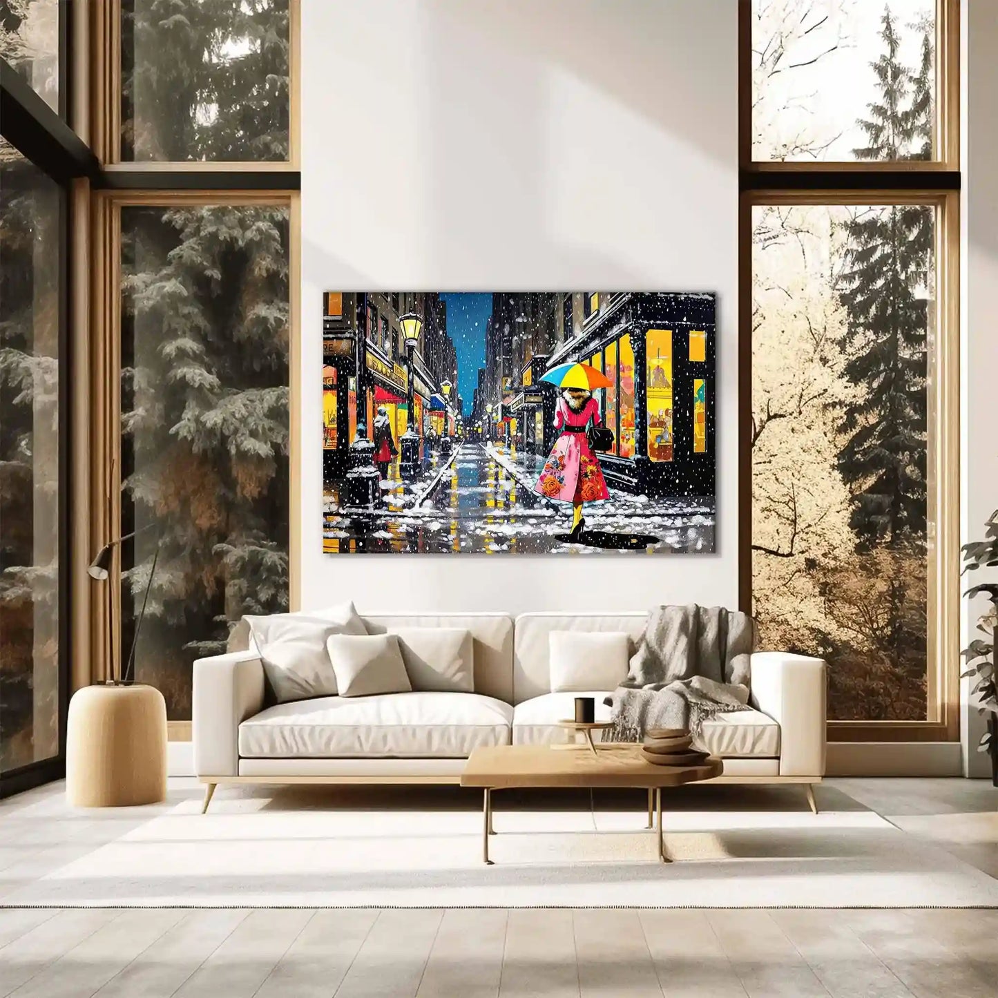Living room wall decor of Woman in pink rose dress with umbrella walks snowy Paris street, lit by yellow lights, in vibrant oil painting style. -Vintage Snowflakes - Graphique Addictions