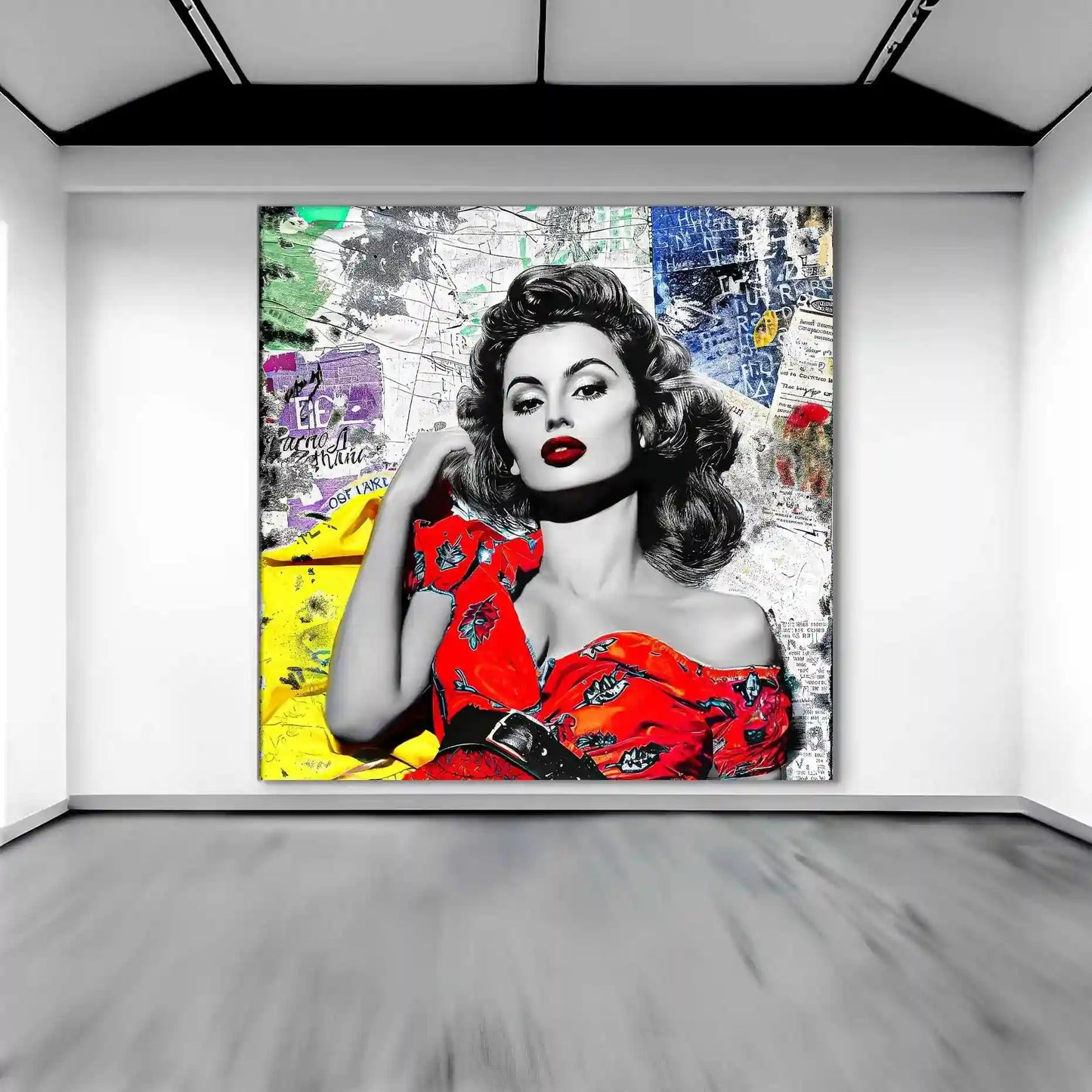 Art display of Sophia Lauren in red dress surrounded by colorful newspaper clippings and maps. Vintage Starlet-Graphique Addictions