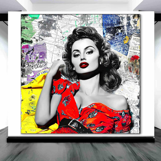 Sophia Lauren in red dress surrounded by colorful newspaper clippings and maps. Art display mockup - Vintage Starlet-Graphique Addictions