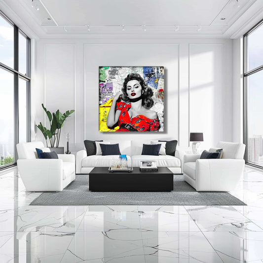 Den Living room wall decor of Sophia Lauren in red dress surrounded by colorful newspaper clippings and maps. Vintage Starlet-Graphique Addictions