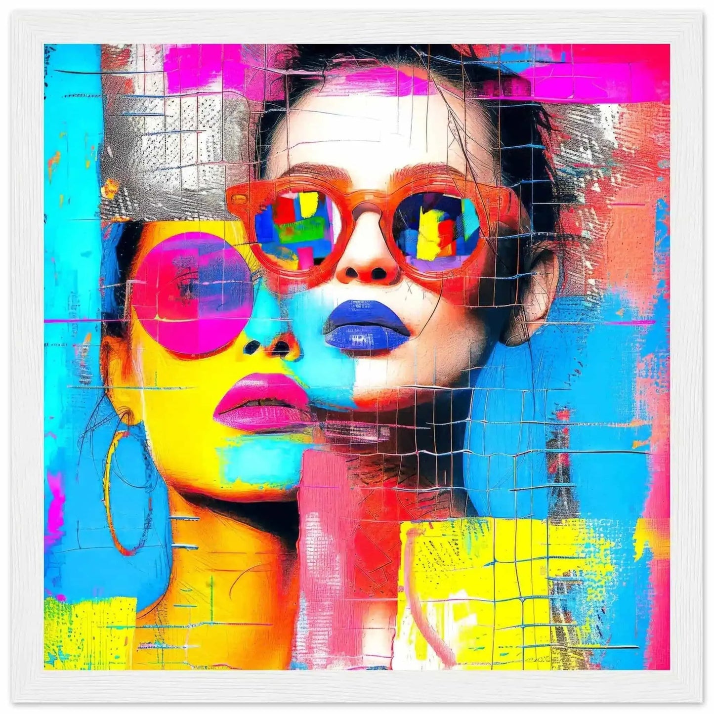 White wooden frame of colorful geometric art collage of woman with sunglasses. Abstract Duo-Graphique Addictions.