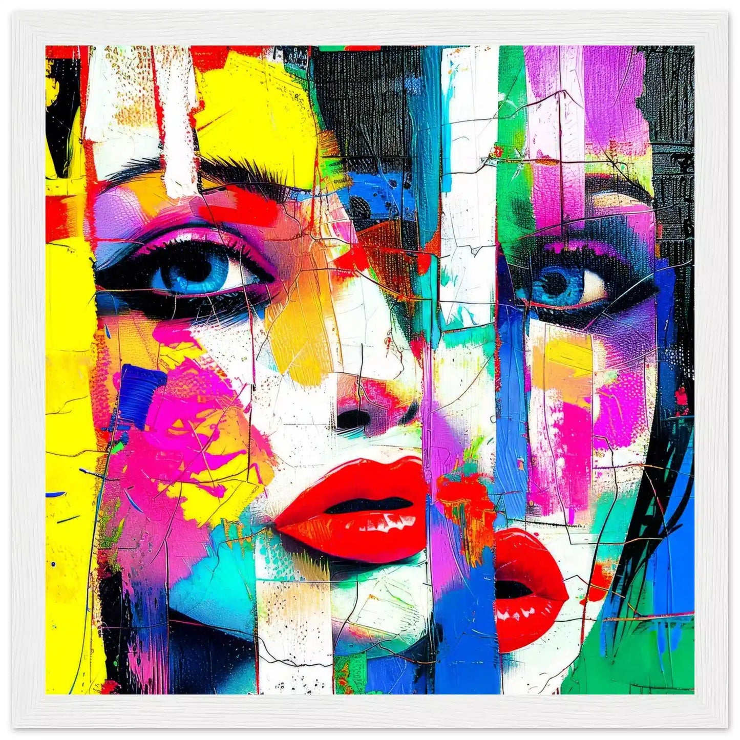 White wooden framed print of woman's face composed of geometric shapes in vibrant colors, aluminum print. Abstract-Femme, Graphique Addictions.