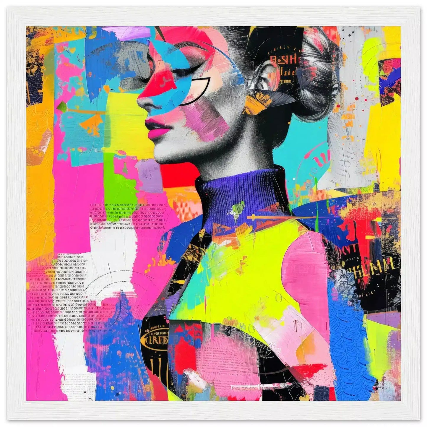 Abstract Radiance: Art collage of neon colored geometric shapes and a woman wearing a colorful abstract turtleneck in a white wooden frame-Graphique Addictions.