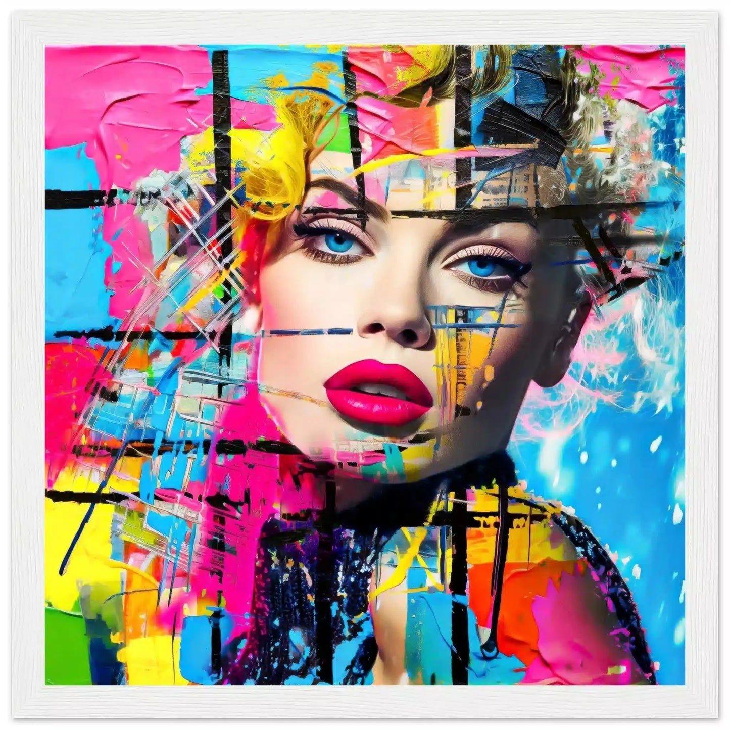 Chroma Blended Fusion: Abstract portrait of a woman surrounded by neon geometric shapes and glitch effects in a white wooden frame-Graphique Addictions.