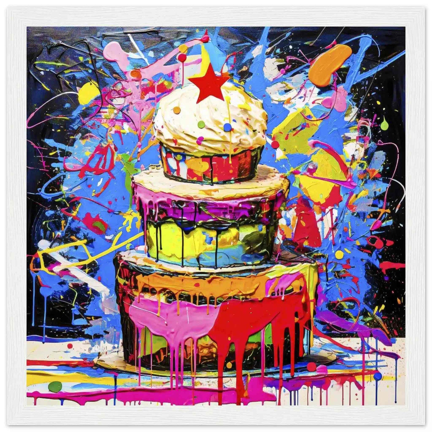 Chromatic Cake Confection: Multi-tiered birthday cake with colorful frosting dripping down its sides, neon paint splashes in a white wooden frame. Graphique Addictions.