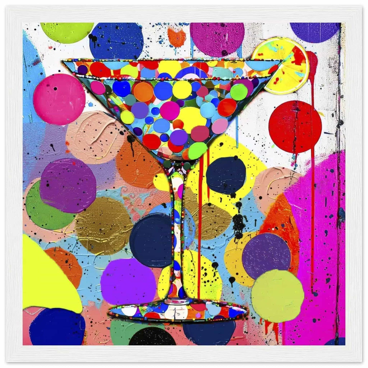 White wooden framed art print of a multi-colored polka-dotted martini glass and colorful dots in the background. Titled: Dotted Martini Delight-Graphique Addictions.