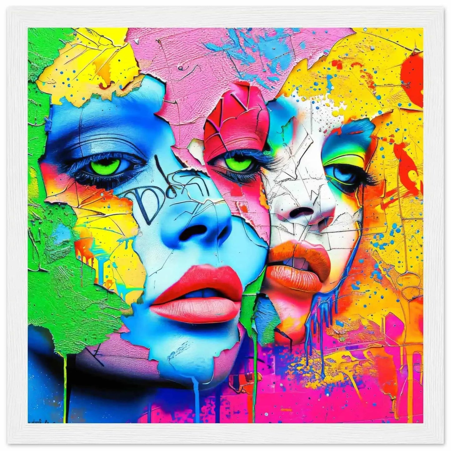 White wooden framed art print of 2 women's multi-colored porcelain faces that blend into a colorful painted background. Titled: Dual Pop Persona-Graphique Addictions.