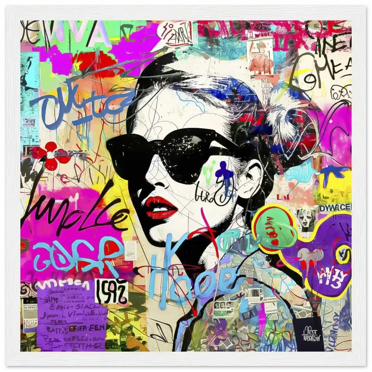 White wooden framed art print of a woman wearing sunglasses with tattoes on her body and face. Surrounded by street-style stickers, labels, numbers, letters, and symbols in vibrant colors. Titled: Graffiti Chic Chronicles-Graphique Addictions.