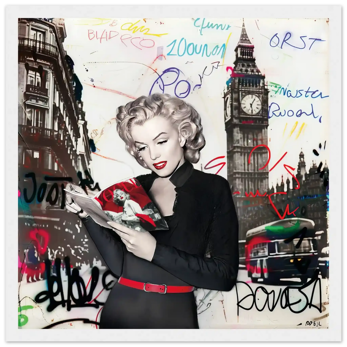 Black and white art of Marilyn Monroe in London with vibrant red lips, Big Ben behind her, and colorful graffiti.-white-12x12-inches-wooden-framed-print-marilyn-in-london, Graphique Addictions