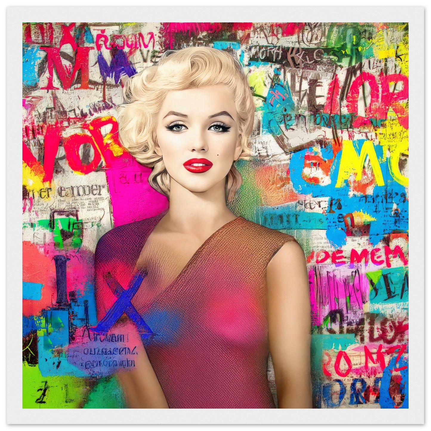 white wooden framed print of colorful artwork of marilyn monroe wearing a pink dress with graffiti-style letters. Marilyns Letter Chaos-Graphique Addictions.